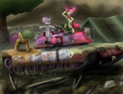 Size: 1636x1252 | Tagged: safe, artist:tattertailart, apple bloom, scootaloo, sweetie belle, cutie mark crusaders, m1a2 abrams, tank (vehicle)