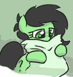 Size: 687x732 | Tagged: safe, artist:plunger, oc, oc only, oc:anon filly, pony, female, filly, green background, hug, looking down, pillow, question mark, simple background, snuggling, solo