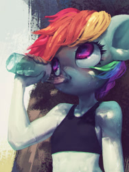 Size: 600x800 | Tagged: safe, artist:frali, rainbow dash, anthro, bottle, clothes, drinking, pixiv, solo, tanktop, water, water bottle