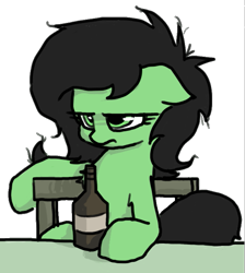Size: 717x800 | Tagged: safe, artist:plunger, edit, editor:playstation, oc, oc only, oc:anon filly, pony, /mlp/, 4chan, alcohol, beer, bottle, female, filly, not amused face, simple background, sitting, solo, transparent background