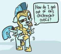 Size: 430x382 | Tagged: safe, artist:plunger, guardian angel (character), pegasus, pony, /mlp/, 4chan, alien (franchise), annoyed, armor, background pony, dialogue, female, floppy ears, guardsmare, helmet, hoof shoes, lidded eyes, mare, movie reference, open mouth, private hudson, royal guard, solo, speech bubble, vulgar