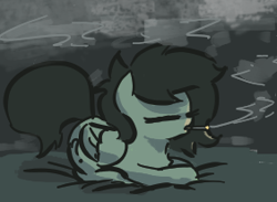 Size: 282x206 | Tagged: safe, artist:plunger, oc, oc only, oc:anon filly, pegasus, pony, bed, black background, drugs, eyes closed, female, filly, high, joint, lying on bed, marijuana, question mark, simple background, smoke, smoking, solo