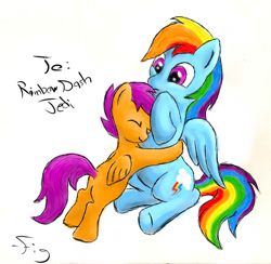Size: 1255x1227 | Tagged: safe, artist:fign01, rainbow dash, scootaloo, pegasus, pony, female, filly, from ponibooru, hug, mare, simple background, white background
