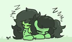 Size: 542x316 | Tagged: safe, artist:plunger, oc, oc only, oc:anon filly, earth pony, pony, butt pillow, cute, eyes closed, female, filly, grass, ocbetes, onomatopoeia, question mark, sleeping, snuggling, sound effects, zzz