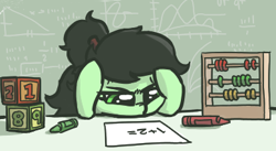 Size: 389x213 | Tagged: safe, artist:plunger, oc, oc only, oc:anon filly, earth pony, pony, abacus, baby, baby pony, blocks, chalkboard, crayons, cute, equation, female, filly, frustrated, math, numbers, paper, ponytail, solo, table