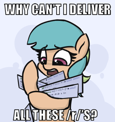 Size: 417x439 | Tagged: safe, artist:plunger, oc, oc:tetra sketch, earth pony, pony, /mlp/, 4chan, caption, drawthread, image macro, impact font, meme, meta, solo, text, why can't i hold all these x