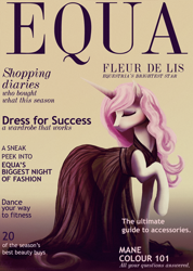 Size: 800x1125 | Tagged: safe, artist:cosmicunicorn, fleur-de-lis, pony, unicorn, beautiful, clothes, cover, dress, eyes closed, female, magazine, mare, raised hoof, solo, text