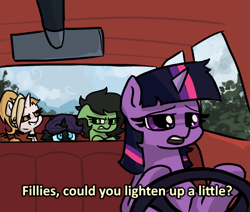Size: 600x509 | Tagged: safe, artist:plunger, twilight sparkle, oc, oc:anon filly, oc:dyx, oc:nyx, alicorn, earth pony, pony, unicorn, /mlp/, 4chan, angry, car, car ride, drawthread, female, filly, meme, ponified, ponified meme, text, the simpsons