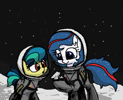Size: 417x339 | Tagged: safe, artist:plunger, oc, oc:apogee, oc:nasapone, earth pony, pegasus, pony, /mlp/, 4chan, :o, c:, cute, drawthread, duo, eye clipping through hair, moon, moon rock, ocbetes, open mouth, smiling, space, stars
