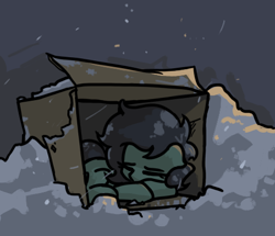 Size: 474x408 | Tagged: safe, artist:plunger, oc, oc only, oc:anon filly, earth pony, pony, cardboard box, cold, feels, female, filly, gray background, homeless, simple background, sleeping, snow