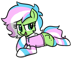Size: 746x613 | Tagged: safe, artist:plunger, oc, oc:anon filly, earth pony, pony, clothes, female, filly, hoodie, pride, pride flag, prone, simple background, smiling, smirk, smug, socks, solo, transgender, transgender pride flag, white background