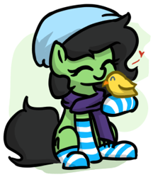 Size: 259x300 | Tagged: safe, artist:plunger, oc, oc:anon filly, oc:warm filly, bird, pony, clothes, cute, female, filly, hat, heart, scarf, socks, striped socks