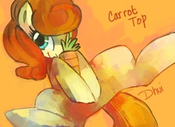 Size: 1100x800 | Tagged: dead source, safe, artist:dhui, carrot top, golden harvest, earth pony, pony, carrot, cute, cutie top, female, food, mare, on back, solo, spread legs