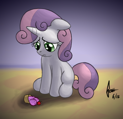 Size: 1500x1450 | Tagged: safe, artist:snetri, sweetie belle, pony, unicorn, dropped ice cream, female, filly, ice cream, sad, sitting, solo