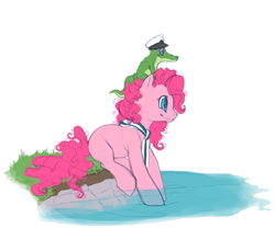 Size: 601x500 | Tagged: safe, artist:noel, gummy, pinkie pie, earth pony, pony, clothes, female, hat, mare, profile, scarf, sitting, sitting on pony, water