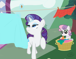 Size: 1000x773 | Tagged: safe, artist:the-kinetic, rarity, sweetie belle, pony, unicorn, basket, clothes line, female, filly, laundry, mare, mouth hold, ponytail