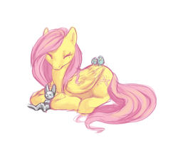 Size: 600x482 | Tagged: source needed, safe, artist:noel, angel bunny, fluttershy, bird, pegasus, pony, rabbit, animal, eyes closed, female, mare, prone, simple background, sleeping, white background