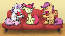 Size: 1600x900 | Tagged: safe, artist:topgull, apple bloom, scootaloo, sweetie belle, earth pony, pegasus, pony, unicorn, bad singing, cutie mark crusaders, female, filly, karaoke, microphone, sitting, sofa, wallpaper
