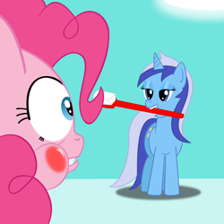 Size: 1788x1788 | Tagged: safe, artist:davrockist, minuette, pinkie pie, earth pony, pony, unicorn, brushie, female, mare, mouth hold, toothache, toothbrush
