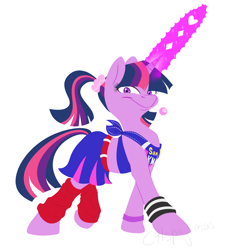 Size: 3175x3394 | Tagged: safe, artist:calicopikachu, twilight sparkle, pony, unicorn, alternate hairstyle, candy, chainsaw, cheerleader sparkle, clothes, female, food, high res, juliet starling, lollipop, lollipop chainsaw, magic, mare, ponytail, simple background, skirt, solo, white background