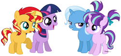 Size: 13488x6320 | Tagged: safe, artist:suramii, starlight glimmer, sunset shimmer, trixie, twilight sparkle, pony, unicorn, absurd resolution, counterparts, female, filly, filly starlight glimmer, filly sunset shimmer, filly trixie, filly twilight sparkle, magical quartet, magical trio, mare, simple background, transparent background, twilight's counterparts, vector, younger