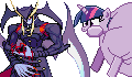 Size: 120x70 | Tagged: safe, artist:ikuntyphoon, twilight sparkle, pony, unicorn, darkstalkers, duo, female, inflation, jedah, mare, picture for breezies, simple background, sprite, white background