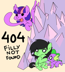 Size: 1247x1371 | Tagged: safe, artist:lockhe4rt, spike, twilight sparkle, twilight sparkle (alicorn), oc, oc:anon filly, alicorn, dragon, pony, /mlp/, 404, :t, female, filly, frown, hiding, http status code, open mouth, pedobear, scrunchy face, smiling, spread wings, sweat, this will end in jail time, twilight is a foal fiddler, wide eyes