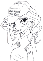 Size: 709x1000 | Tagged: safe, artist:lockhe4rt, sunset shimmer, equestria girls, /mlp/, donald trump, hat, humanized, make america great again, monochrome, mouthpiece, solo