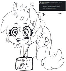 Size: 869x940 | Tagged: safe, artist:lockhe4rt, oc, oc only, oc:anon, oc:anon filly, /mlp/, 4chan, black and white, communism is magic, ear fluff, female, filly, grayscale, monochrome, solo, speech bubble