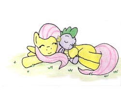 Size: 541x409 | Tagged: safe, artist:bakakawaicosplay0o0, fluttershy, spike, dragon, pegasus, pony, female, flutterspike, male, mare, shipping, sleeping, straight