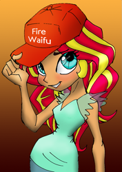 Size: 709x1000 | Tagged: safe, artist:jacobsyndeo, artist:lockhe4rt, color edit, derpibooru exclusive, edit, sunset shimmer, human, equestria girls, best human, cap, colored, eye clipping through hair, female, fiery shimmer, hat, humanized, solo, waifu