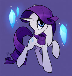 Size: 1000x1058 | Tagged: safe, artist:rollingrabbit, rarity, pony, unicorn, crystal, cute, female, mare, purple background, raribetes, simple background, solo