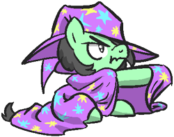 Size: 402x317 | Tagged: safe, artist:lockhe4rt, oc, oc only, oc:anon filly, earth pony, pony, female, filly, scrunchy face, sitting, solo, trixie's cape, trixie's hat