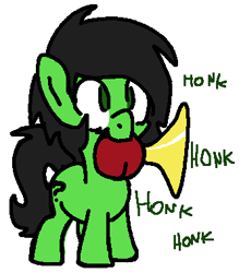 Size: 333x380 | Tagged: safe, artist:lockhe4rt, oc, oc only, oc:anon filly, earth pony, pony, bulb horn, cute, female, filly, honk, mouth hold, nom, simple background, smiling, solo, white background