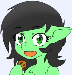 Size: 1458x1521 | Tagged: safe, artist:lockhe4rt, oc, oc only, oc:anon filly, earth pony, pony, chaika, chest fluff, cookie, female, filly, food, looking at you, open mouth, simple background, solo, white background