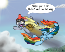 Size: 1011x803 | Tagged: safe, artist:kiyoshiii, derpy hooves, rainbow dash, pegasus, pony, bag, dialogue, duo, female, flying, helmet, mare, muffin