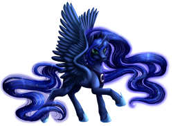 Size: 1500x1091 | Tagged: safe, artist:kittehkatbar, princess luna, alicorn, pony, female, looking at you, mare, princess, raised hoof, simple background, solo, spread wings, transparent background