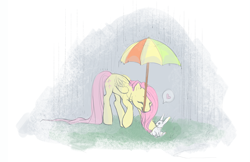 Size: 692x448 | Tagged: safe, artist:noel, angel bunny, fluttershy, pegasus, pony, rabbit, female, heart, mare, mouth hold, rain, umbrella