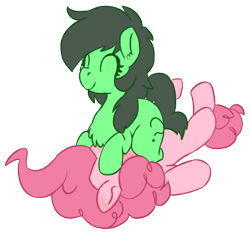 Size: 629x588 | Tagged: safe, artist:lockhe4rt, pinkie pie, oc, oc:anon filly, earth pony, pony, chest fluff, eyes closed, female, filly, lying down, mare, on back, simple background, smiling, transparent background