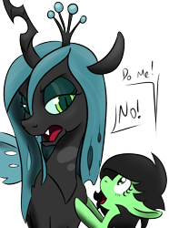 Size: 1176x1578 | Tagged: safe, artist:lockhe4rt, queen chrysalis, oc, oc only, oc:anon filly, changeling, changeling queen, earth pony, pony, female, filly, simple background, talking