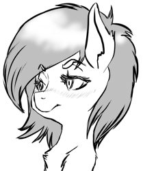 Size: 574x688 | Tagged: safe, artist:lockhe4rt, oc, oc only, oc:anon filly, pony, black and white, blushing, bust, female, filly, grayscale, monochrome, simple background, solo, white background