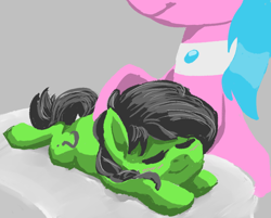 Size: 720x579 | Tagged: safe, artist:lockhe4rt, aloe, oc, oc:anon filly, blushing, cute, female, filly, happy, lying down, massage, prone, smiling