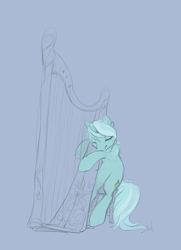 Size: 506x700 | Tagged: safe, artist:noel, lyra heartstrings, pony, unicorn, chair, dexterous hooves, eyes closed, female, harp, mare, musical instrument, simple background, sitting