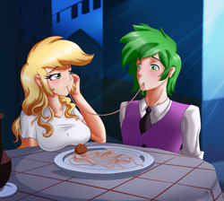 Size: 1281x1146 | Tagged: safe, artist:thebrokencog, applejack, spike, human, applerack, applespike, blushing, breasts, clothes, female, food, humanized, lady and the tramp, looking at each other, male, older, older spike, pasta, shipping, smiling, spaghetti, straight