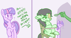 Size: 1220x651 | Tagged: safe, artist:lockhe4rt, twilight sparkle, twilight sparkle (alicorn), oc, oc:anon, oc:anon filly, alicorn, earth pony, human, pony, ..., angry, bait and switch, censored, chair, chest fluff, comic, confused, dialogue, exclamation point, feeding, female, filly, floppy ears, gritted teeth, highchair, offscreen character, question mark, sitting, spoon, vulgar, wrong hole