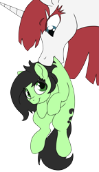 Size: 1839x3200 | Tagged: safe, artist:lockhe4rt, oc, oc only, oc:anon filly, oc:fausticorn, alicorn, earth pony, pony, alicorn oc, behaving like a cat, female, filly, mare, mouth hold, scruff, simple background, transparent background