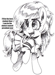Size: 882x1200 | Tagged: safe, artist:lockhe4rt, oc, oc only, oc:anon filly, pony, bipedal, blushing, clothes, dialogue, ear fluff, female, filly, grayscale, looking back, misspelling, monochrome, open mouth, school uniform, schoolgirl, simple background, sketch, smiling, vulgar, white background