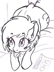 Size: 377x500 | Tagged: safe, artist:lockhe4rt, oc, oc only, oc:anon filly, earth pony, pony, bed, chips, dock, ear fluff, eating, female, filly, food, grayscale, looking up, lying down, monochrome, simple background, sketch, solo, white background