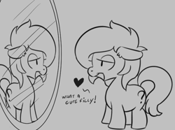 Size: 648x482 | Tagged: safe, artist:lockhe4rt, oc, oc:anon filly, female, filly, heart, mirror, monochrome, narcissism, open mouth, reflection, simple background, smiling, solo