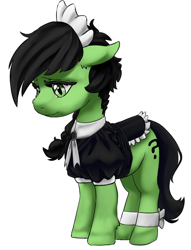 Size: 742x969 | Tagged: safe, artist:lockhe4rt, oc, oc only, oc:anon filly, pony, bottomless, braid, braided ponytail, clothes, ear fluff, female, filly, floppy ears, maid, maid outfit, partial nudity, saddle, simple background, smiling, solo, tack, white background